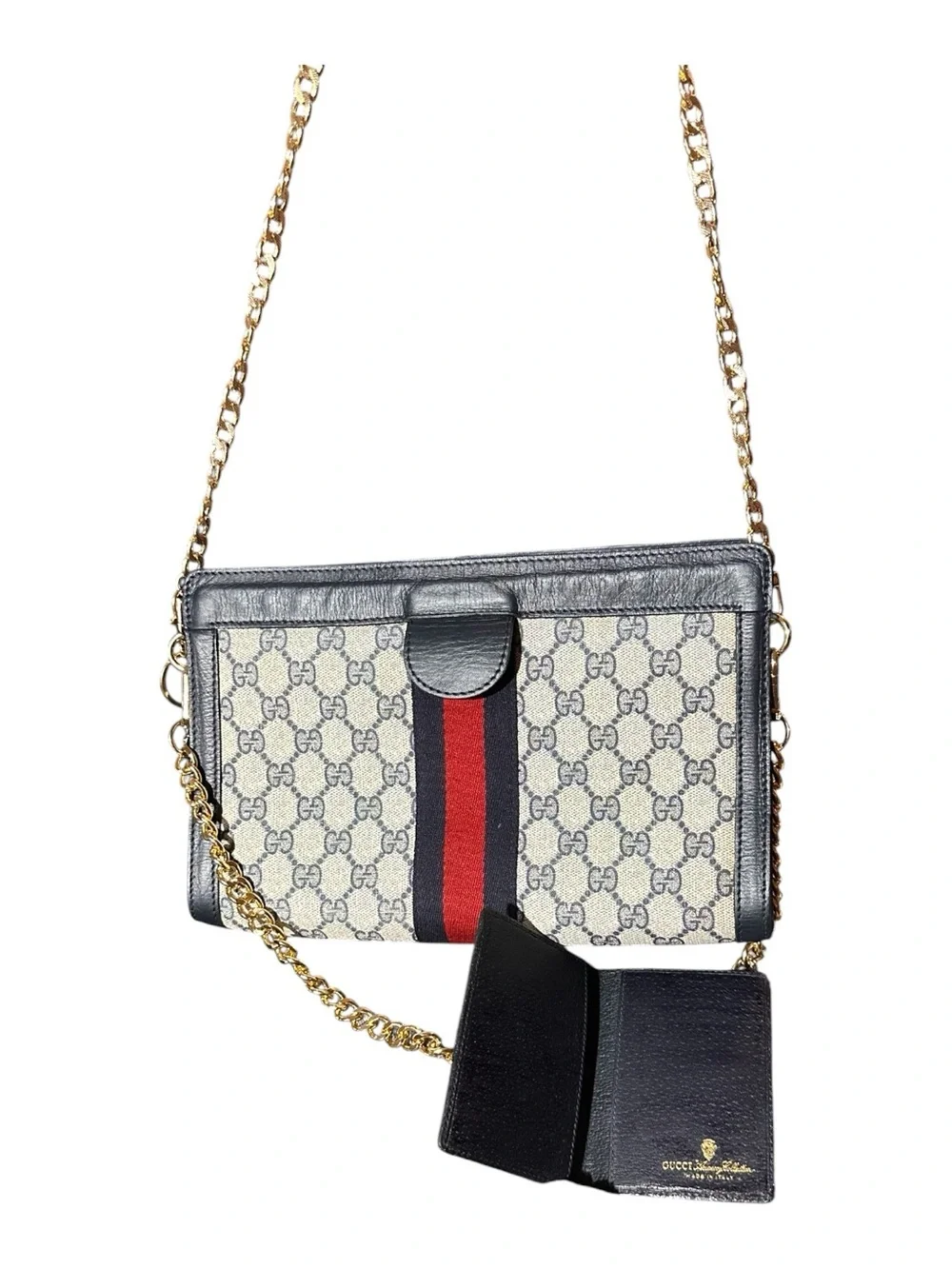 Gucci Navy GG converted Canvas Leather Clutch Bag with Web Stripe & Card Holder